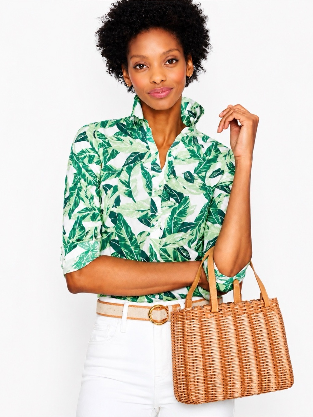 J. McLaughlin Lois Palm Frond Print Top Resort Chic Coastal Luxe Shirt